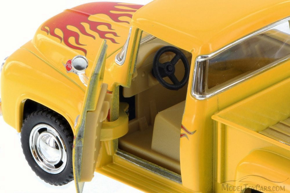 1956 Ford F-100 Pickup Truck, Yellow w/ Flames - Kinsmart 5385DF - 1/38 Scale Diecast Model Toy Car