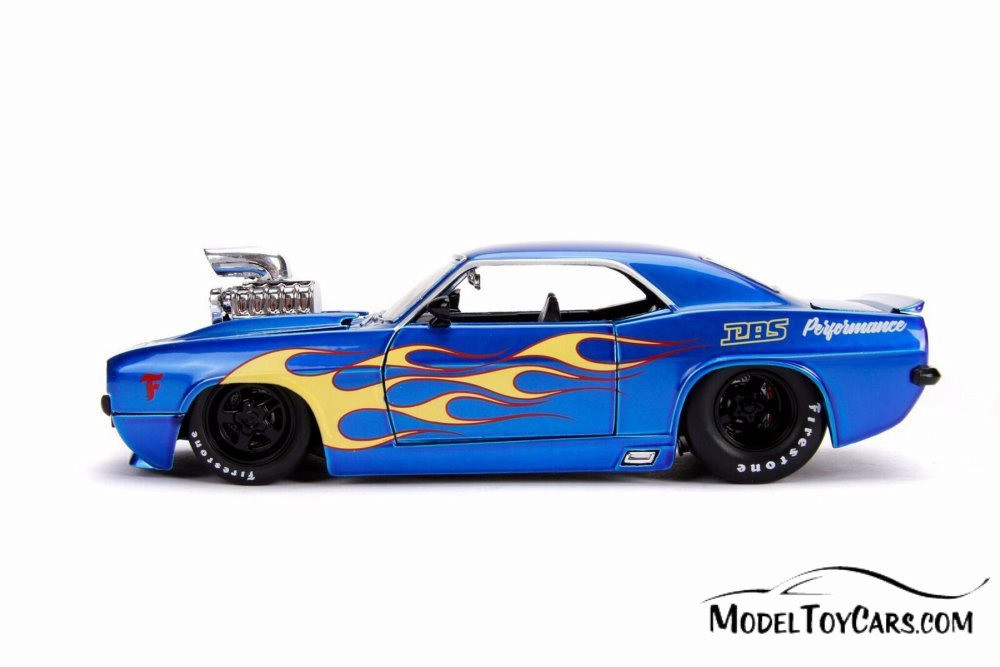 1969 Chevy Camaro with Engine Blower, Blue with Yellow Flames - Jada 30977DP1 - 1/24 scale Diecast Model Toy Car