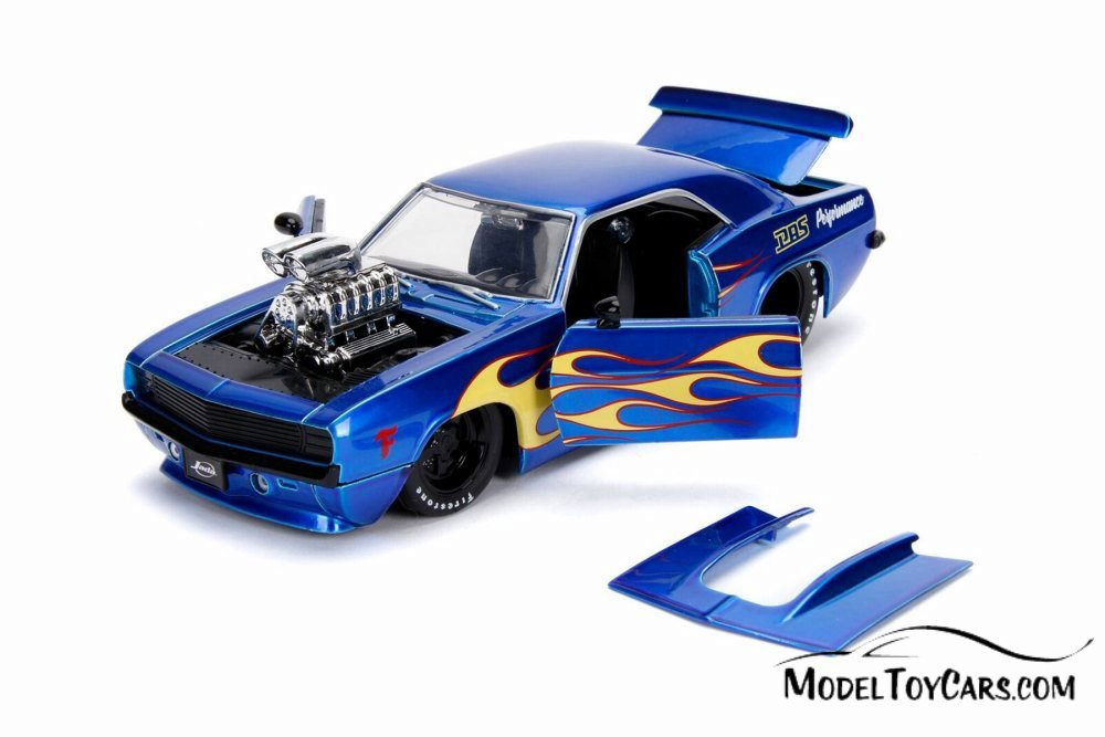 1969 Chevy Camaro with Engine Blower, Blue with Yellow Flames - Jada 30977DP1 - 1/24 scale Diecast Model Toy Car