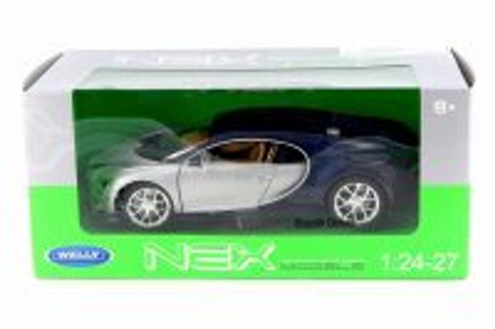 Bugatti Chiron,  Silver w/ Blue - Welly 24077W-SIL - 1/24 Scale Diecast Model Toy Car