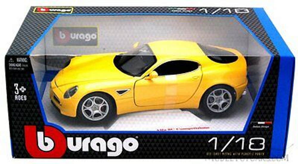 Alfa 8C Competizione, Yellow - Bburago 12077 - 1/18 scale Diecast Model Toy Car