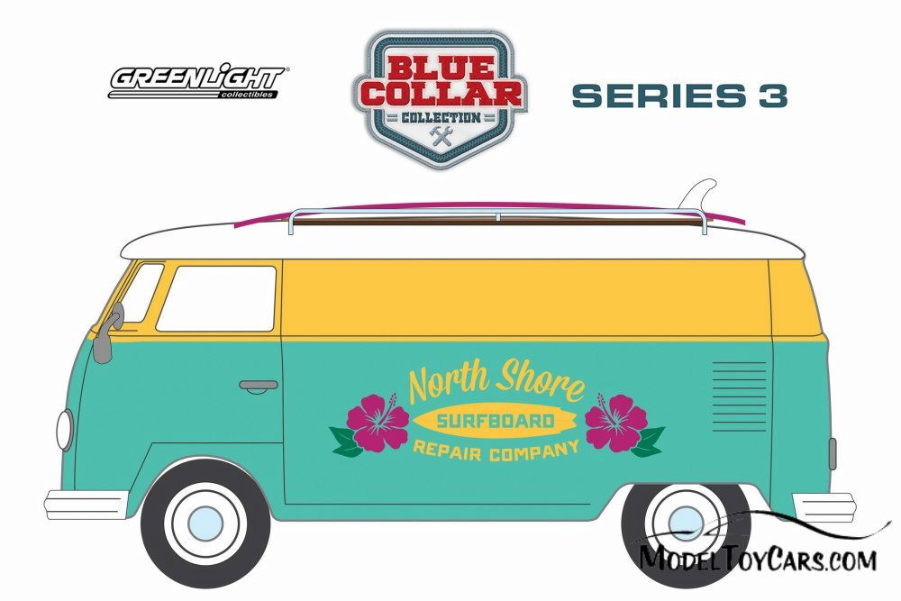 1968 Volkswagen Type 2 Panel Van North Shore Surfboard Repair Company, Teal  Green w/ Yellow - Greenlight 35080C/48 - 1/64 Scale Diecast Model Toy Car