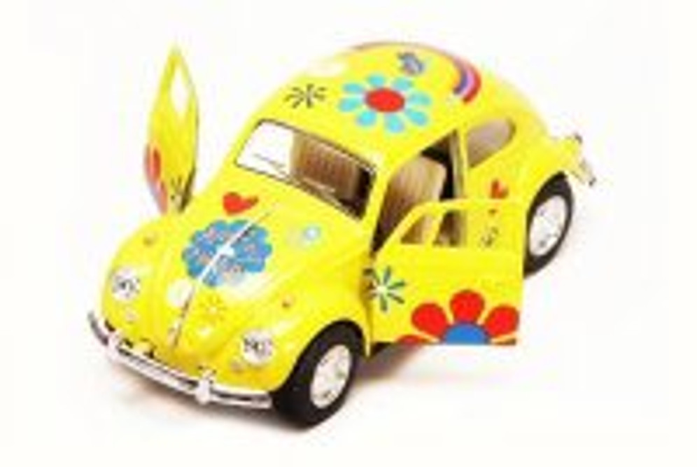 1967 Volkswagen VW Classic Beetle w/ Decals, Yellow - Kinsmart 5057FW - 1/32 Scale Diecast Car