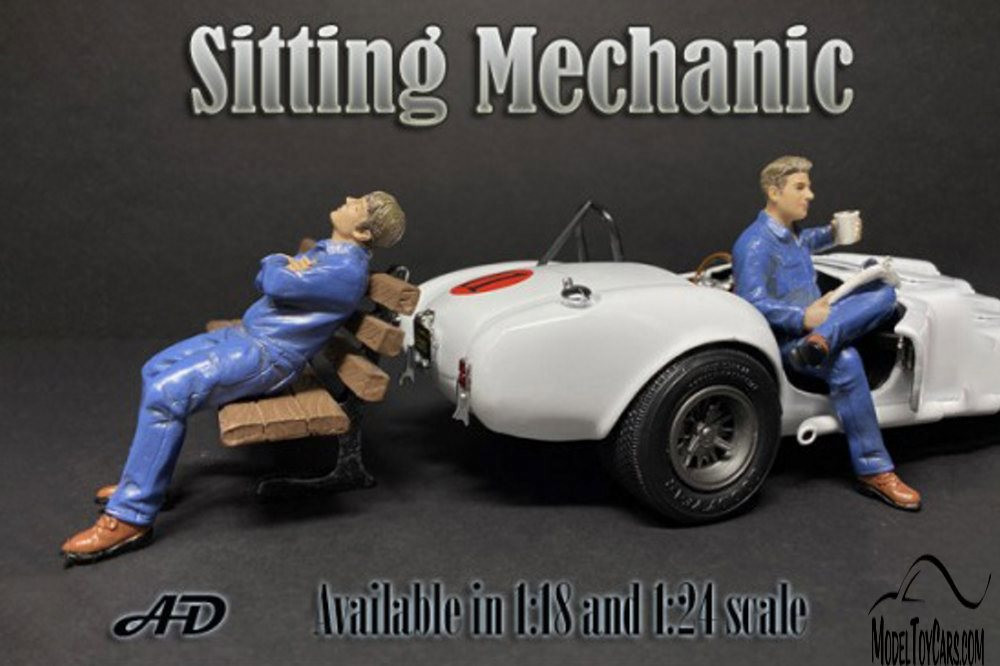 Sitting Mechanic Figure II, Blue - American Diorama 38233 - 1/18 scale Figurine - Diorama Accessory