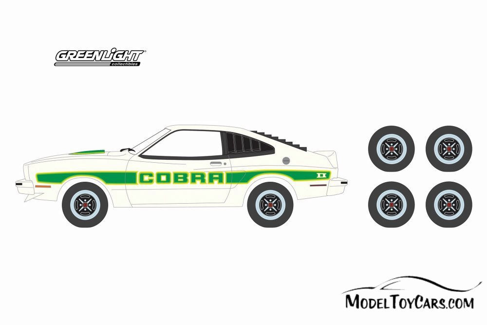 1978 Ford Mustang II Cobra II & Spare Tires, White w/Green - Greenlight 97050E - 1/64 Diecast Car