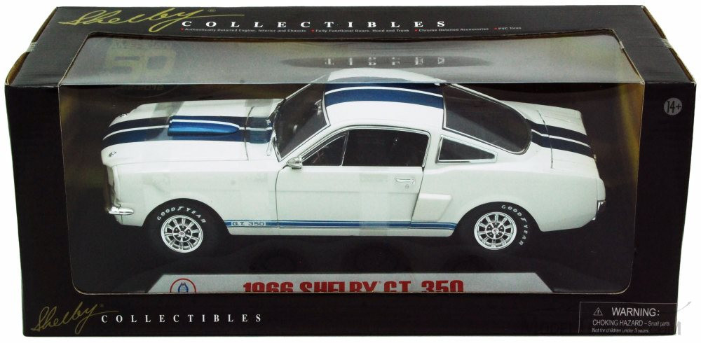 1966 Shelby GT350, White w/ Blue Stripes - Shelby SC160 - 1/18 Scale  Diecast Model Toy Car