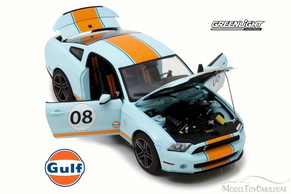 2012 Shelby GT-500 Gulf Oil #08, Light Blue w/ Orange Stripes - Greenlight 12990 - 1/18 Scale Diecast Model Toy Car
