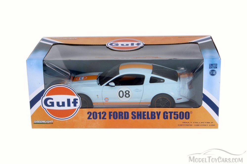2012 Shelby GT-500 Gulf Oil #08, Light Blue w/ Orange Stripes - Greenlight 12990 - 1/18 Scale Diecast Model Toy Car