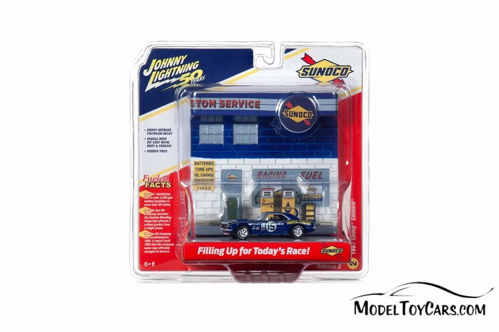 1967 Chevy Camaro with Sunoco Exterior Service Gas Station Facade, #15 - Round 2 JLDR007/24 - 1/64 scale Diecast Model Toy Car
