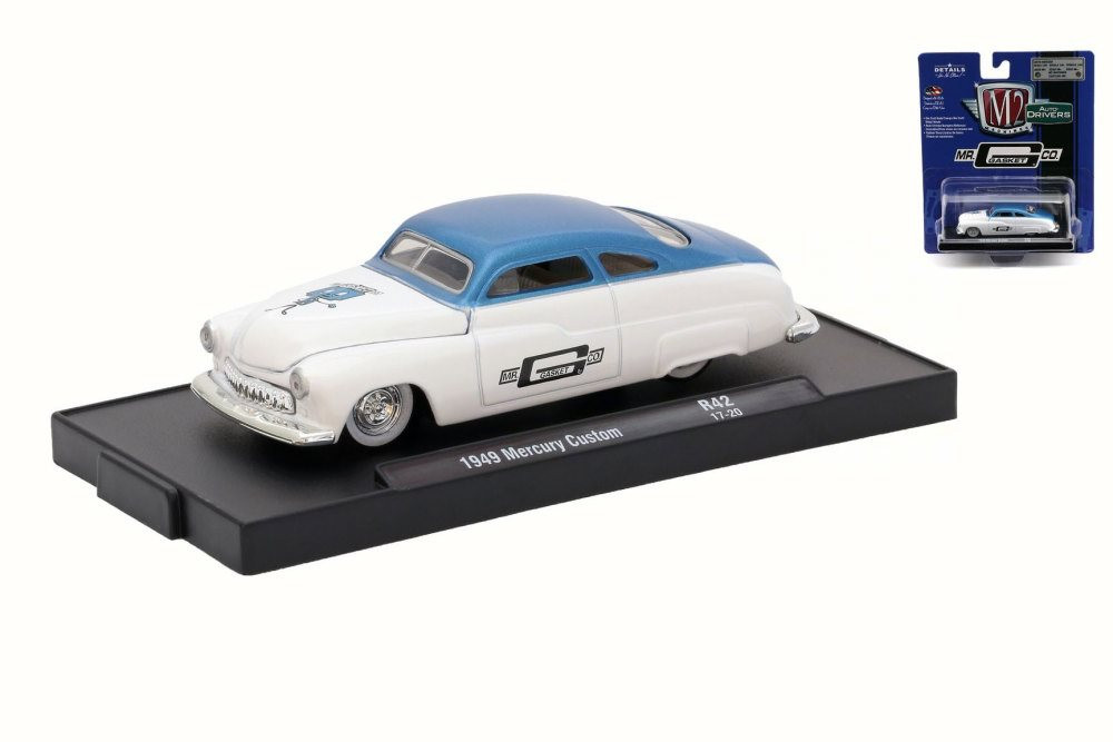 Mr Gasket Co. 1949 Mercury Custom, White w/ Blue Roof - Castline M2  11228/42 - 1/64 Scale Diecast Model Toy Car