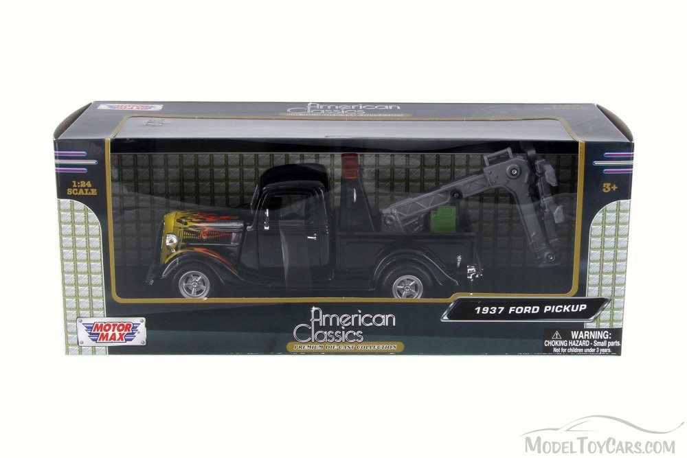 1937 Ford Pickup Tow Truck, Black w/Flames - Motor Max 75341AC - 1/24 Scale Diecast Model Toy Car