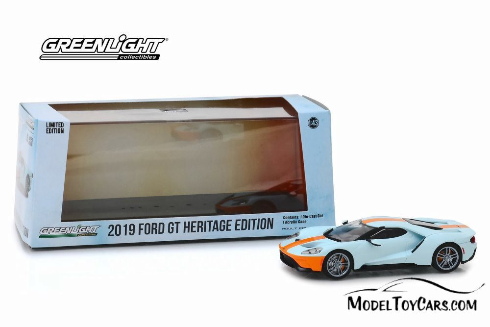 2019 Ford GT Heritage Edition, Light Blue with Orange Stripes - Greenlight  86158 - 1/43 Diecast Car