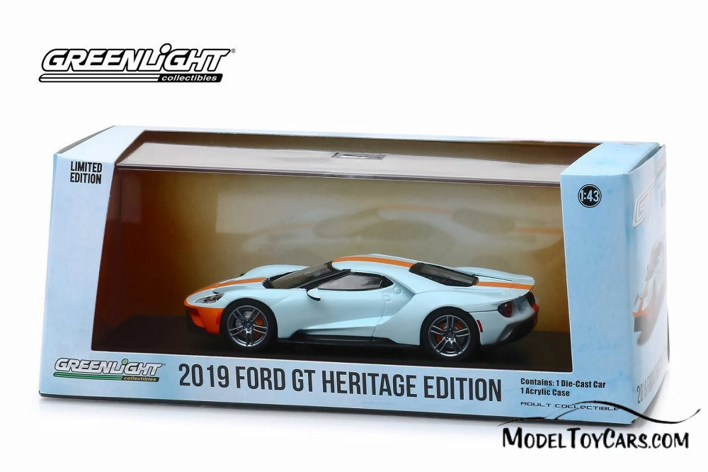 2019 Ford GT Heritage Edition, Light Blue with Orange Stripes - Greenlight  86158 - 1/43 Diecast Car