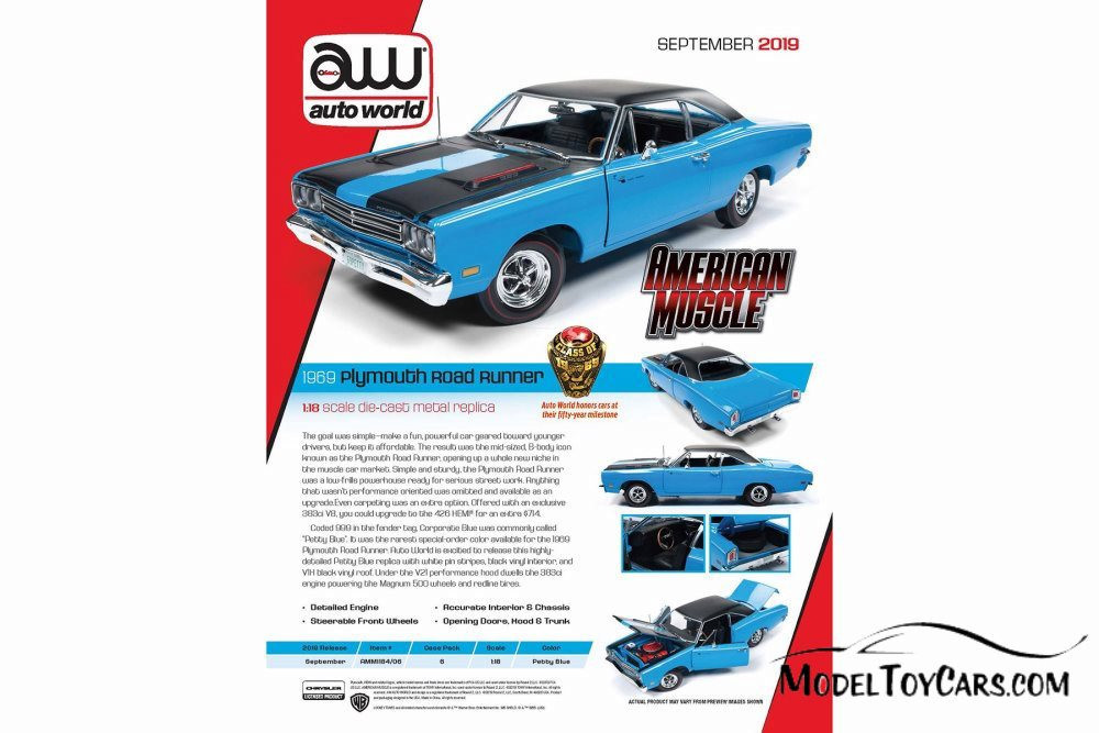 1969 Plymouth Road Runner Hardtop, Petty Blue with Black - Auto World  AMM1184 - 1/18 Scale Diecast Model Toy Car