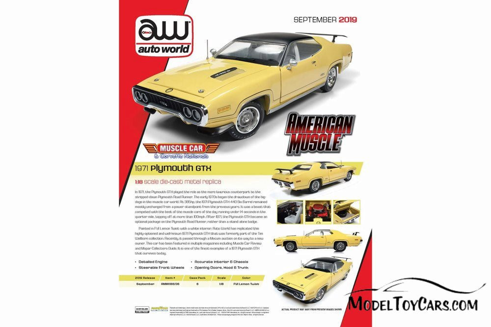 1971 Plymouth GTX Hardtop, Lemon Twist Yellow - Auto World AMM1186