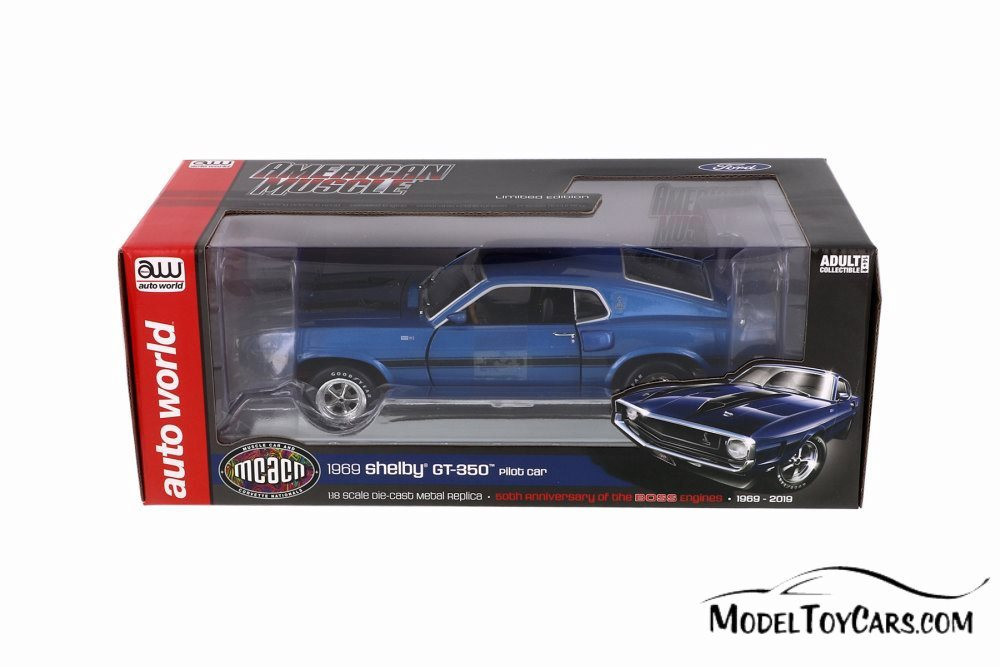 1969 Ford Mustang Shelby GT-350 Fastback Pilot Car Hardtop, Acapluco Blue with Black - Auto World AMM1188 - 1/18 Scale Diecast Model Toy Car
