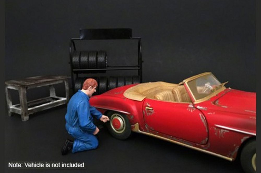 Mechanic Mechanic Tony Inflating Tire, American Diorama 77496 - 1/24 Accessory for Diecast Cars