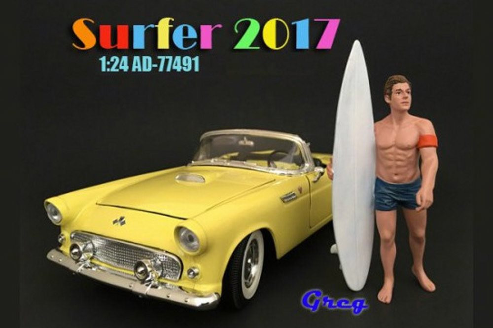 Surfer 2017 Greg Figure w/ Surfboard, American Diorama 77491 - 1/24 Scale Accessory for Diecast Cars