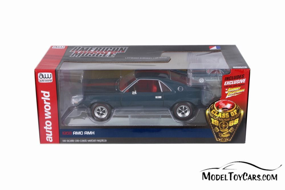 1968 AMC AMX with a 1/64 scale replica by Johnny Lightning, Blue - Auto World AMM1124 - 1/18 scale Diecast Model Toy Car