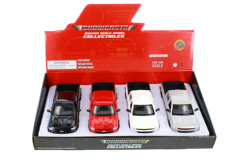 Box of 4 2017 Chevrolet Silverado Pickup Truck Diecast Car Set - Showcasts 1/24 Scale Diecast Model Cars, Assorted Colors