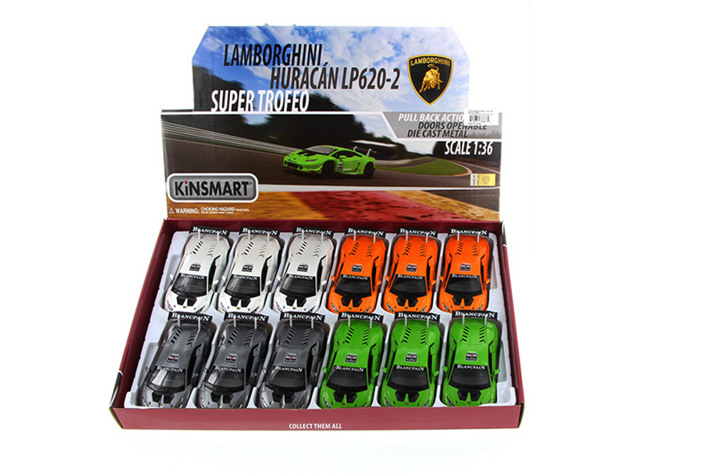 Lamborghini Huracan LP620-2 Super Trofeo Pk Box of 12 1/36 Scale Diecast Model Cars, Assd Colors