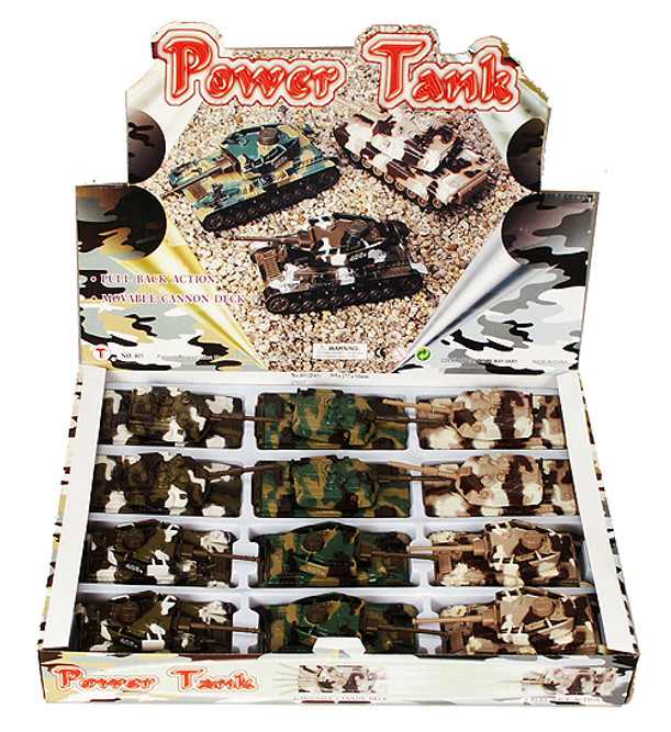 Pullback Power Army Tank Diecast Car Package - Box of 12 assorted 4.5 Inch Scale Diecast Model Cars