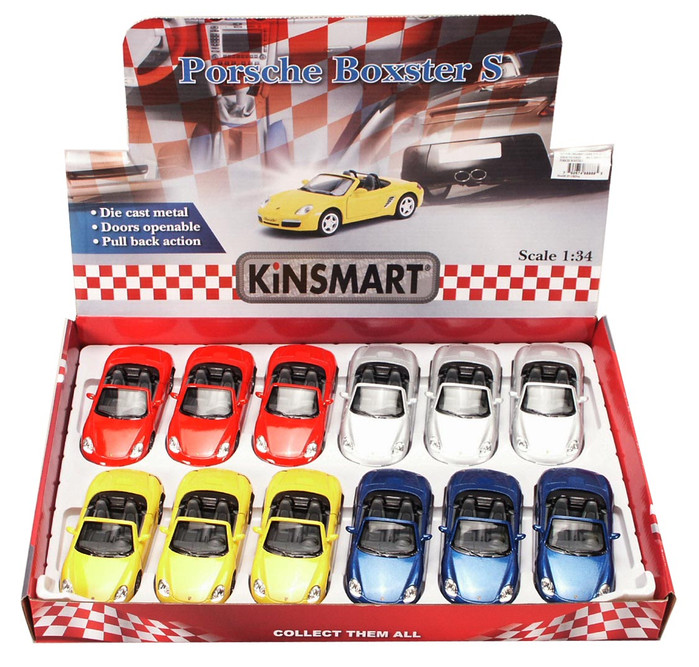 Porsche Boxster S Convertible Diecast Car Package - Box of 12 1/34 scale Diecast Model Cars, Assorted Colors
