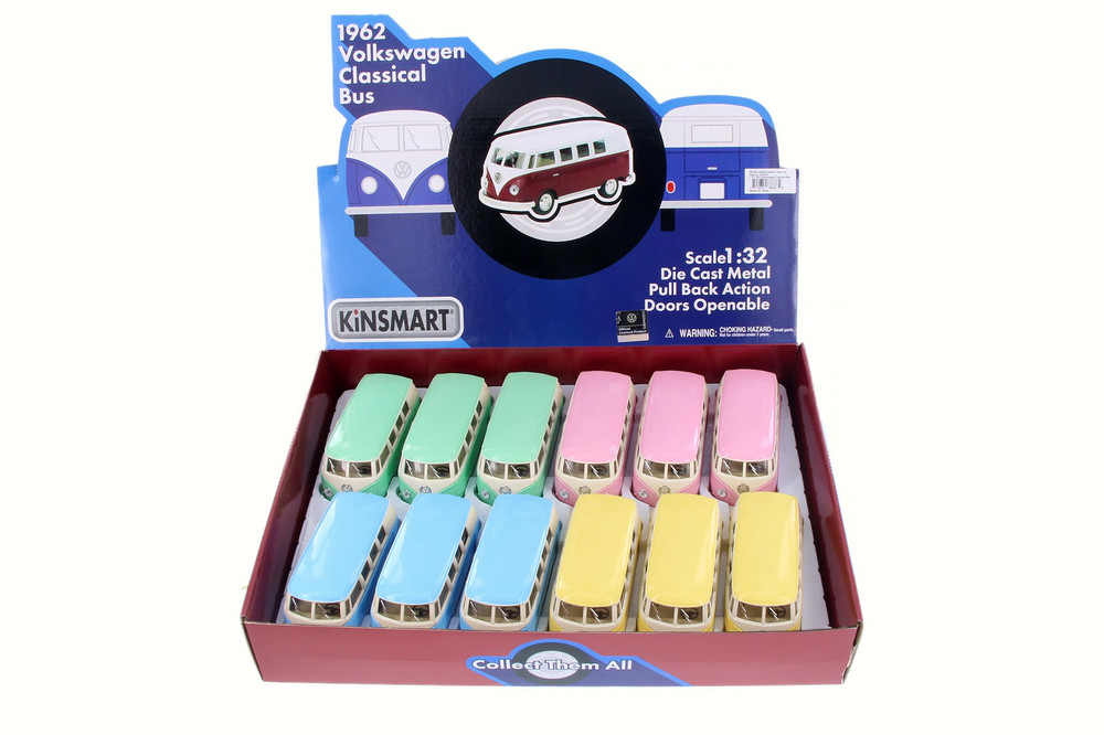 1962 Volkswagen Classic Bus Diecast Car Package - Box of 12 1/32 Scale Diecast Model Cars, Assorted Colors