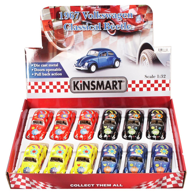 1967 Volkswagen Beetle w/ Decals Diecast Car Package - Box of 12 1/32 Diecast Cars, Assorted Colors