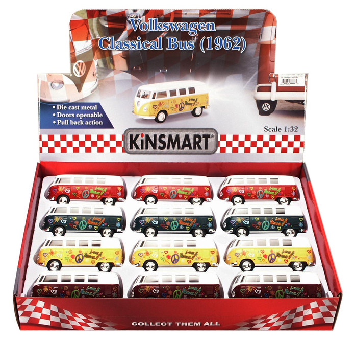 1962 Volkswagen Classic Bus Package - Box of 12 1/32 scale Diecast Model Cars, Assd Colors