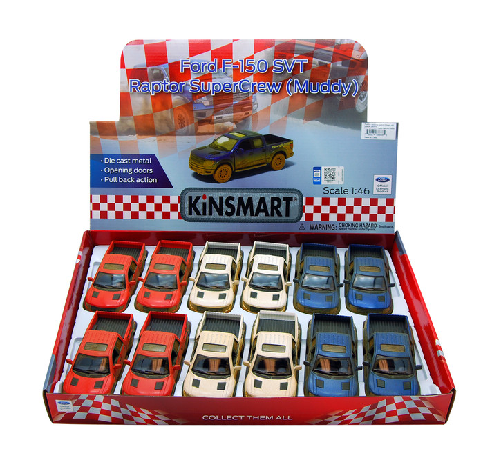 2013 Ford F-150 SVT Raptor SuperCrew Pick-up Truck, Muddy Diecast Car Package - Box of 12 1/46 Scale Diecast Model Cars, Assorted Colors