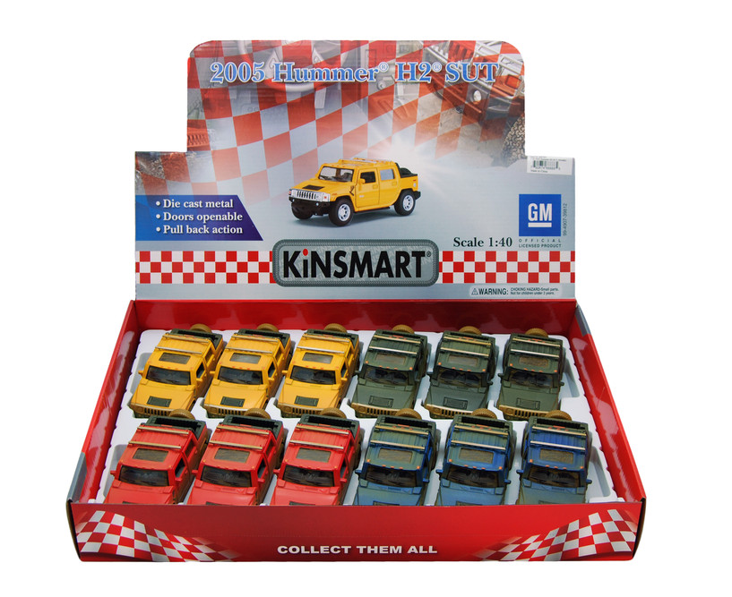 2005 Hummer H2 SUT (Muddy) Pickup Car Package- Box of 12 1/40 scale Diecast Model Cars, Assd Colors