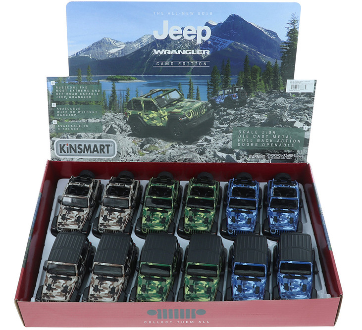 2018 Jeep Wrangler Rubicon Camo Assortment Set-Box of 12 1/34 Scale Diecast Model Cars, Assd Colors