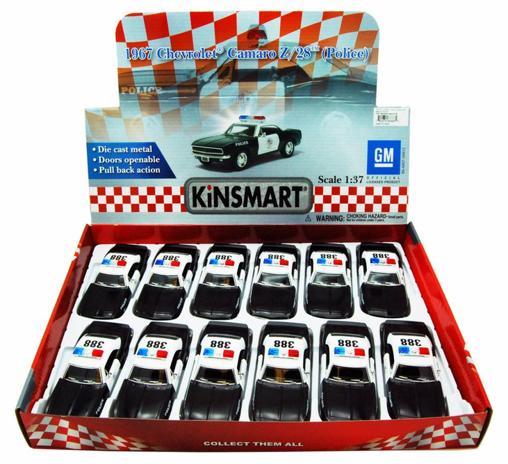 Box of 12 Diecast Model Toy Cars - 1967 Chevy Camaro Z/28 Police Car, 1/37 Scale