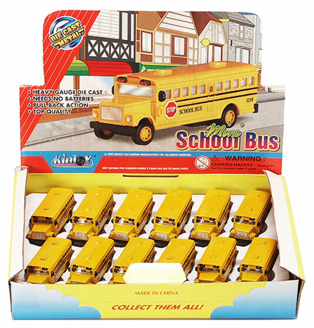 Box of 12 Diecast Model Cars - School Bus, Yellow, 2.5 inch Scale