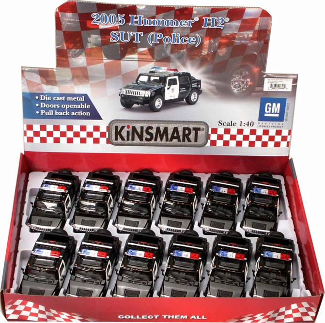Box of 12 Diecast Model Toy Cars - 2005 Hummer H2 SUT Police Pickup Truck, 1/40 Scale