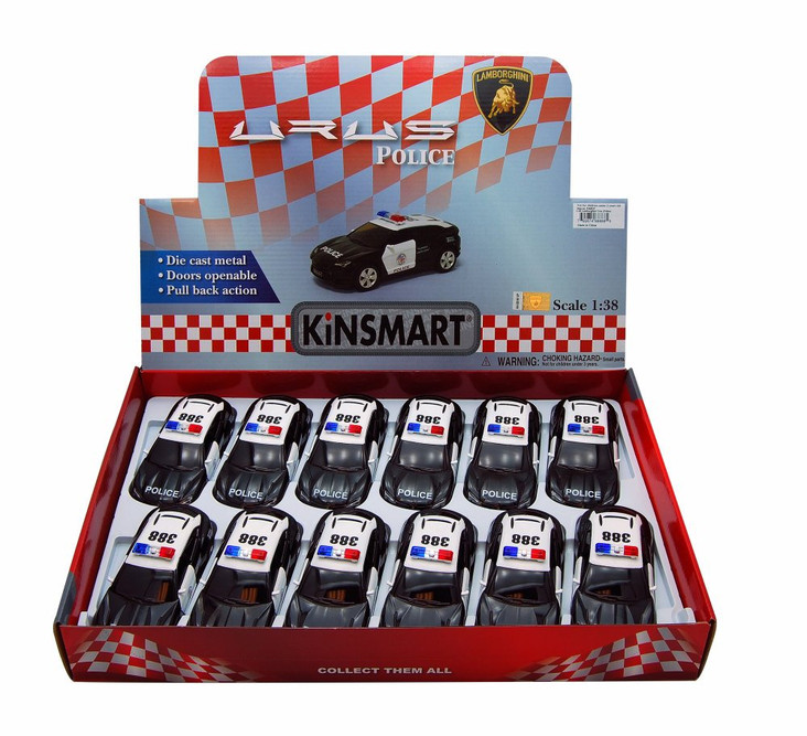 Box of 12 Diecast Model Toy Cars - Lamborghini Urus Police Car, 1/38 Scale