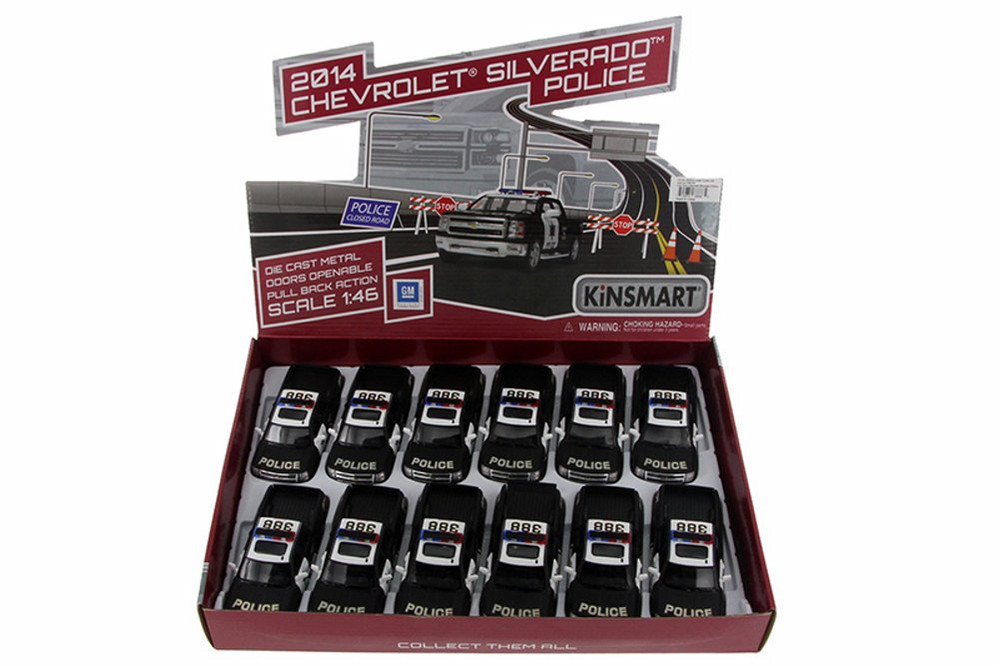 Box of 12 Diecast Model Toy Cars - 2014 Chevy Silverado Police Pickup Truck, 1/46 Scale