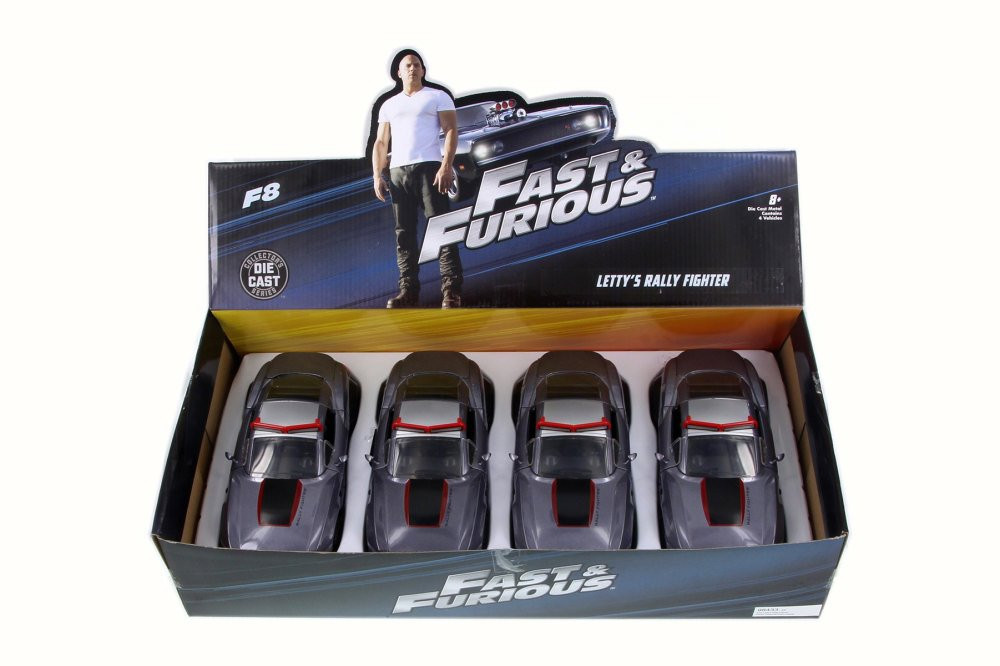 Box of 4 Diecast Model Cars - Letty's Rally Fighter, Gray w/Red, 1/24 Scale