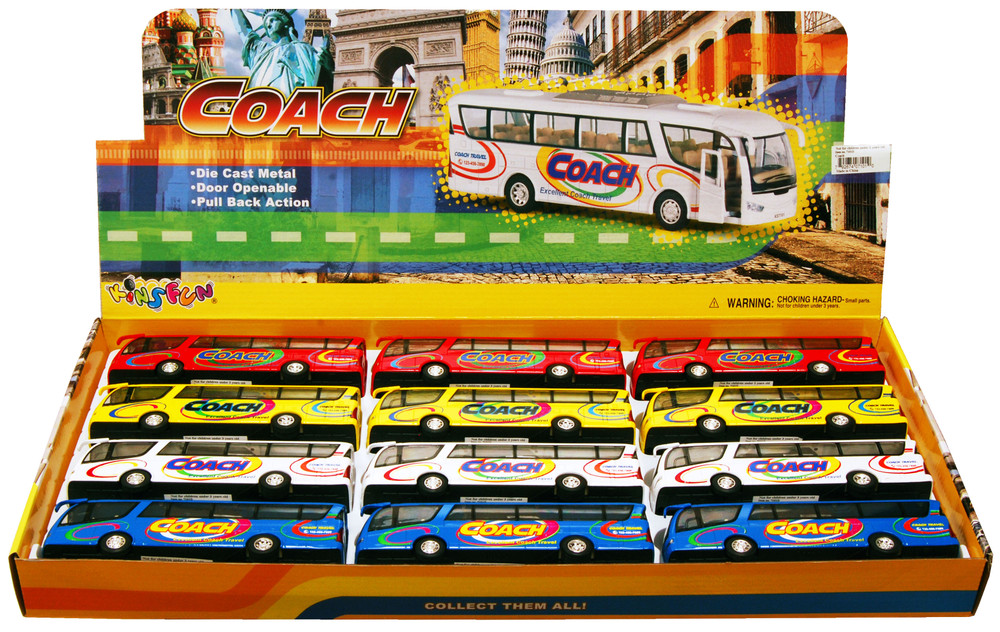 Coach Bus Diecast Car Package - Box of 12 7 inch scale Diecast Model Cars, Assorted Colors