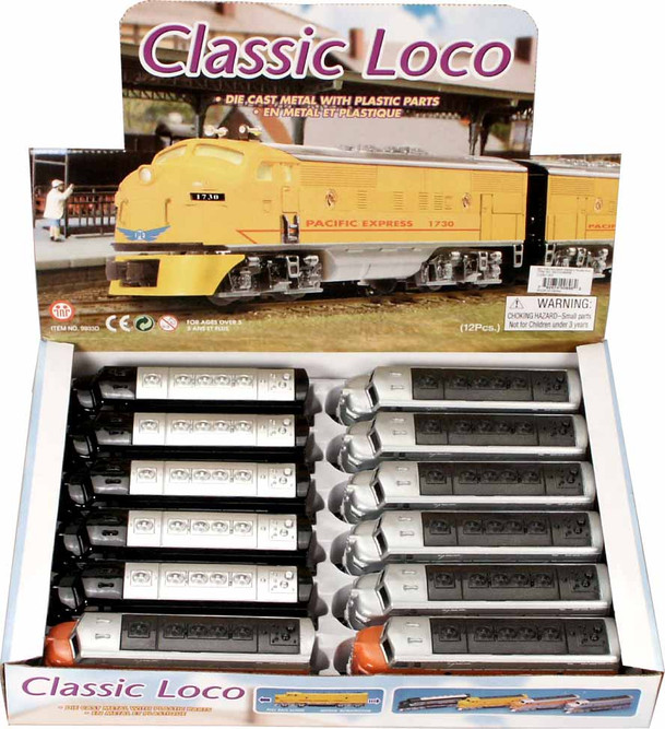 Classic Locomotive Diecast Package - Box of 12 7.5 Inch Scale Diecast Model Trains, Assorted Colors