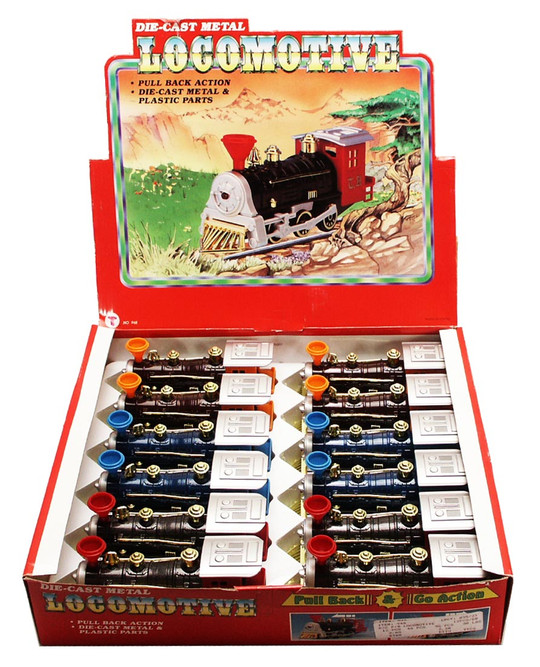 Classic Metal Pullback Train Diecast Package - Box of 12 7-Inch Diecast Trains, Assorted Colors