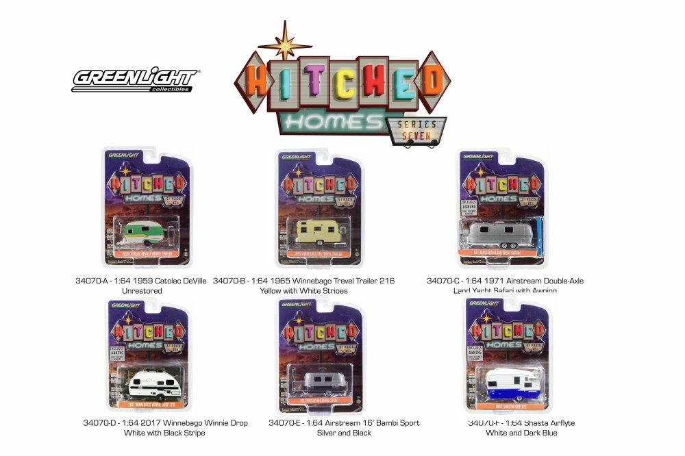 Greenlight Hitched Homes Series 7  Diecast Car Set - Box of 6 assorted 1/64 Scale Diecast Model Cars