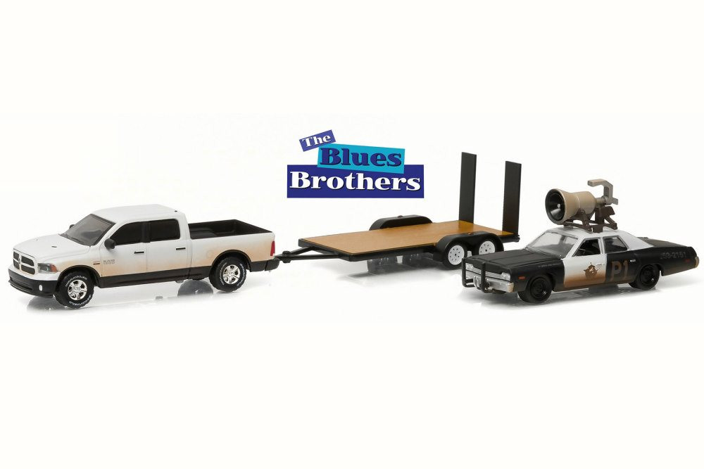 Blues Brothers 2015 Ram 1500 w/ 1974 Dodge Monaco 'Bluesmobile' on Flatbed  - 1/64 Scale