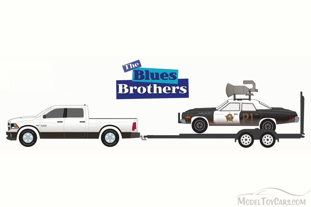 Blues Brothers 2015 Ram 1500 w/ 1974 Dodge Monaco 'Bluesmobile' on Flatbed  - 1/64 Scale