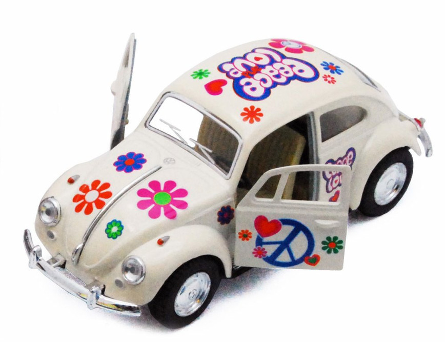 1967 Volkswagen Classical Beetle w/ Peace Love Decals, Ivory - Kinsmart 5375DF - 1/32 scale Diecast Model Toy Car (Brand New, but NOT IN BOX)