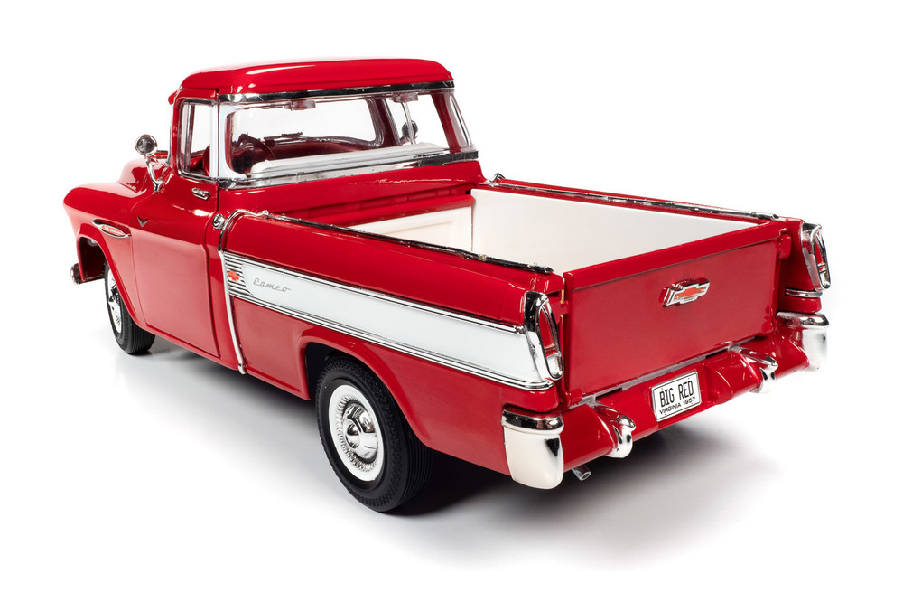 1957 Chevy Cameo Pickup Truck, Cardinal Red and White - Auto World AW265 - 1/18 scale Diecast Model Toy Car