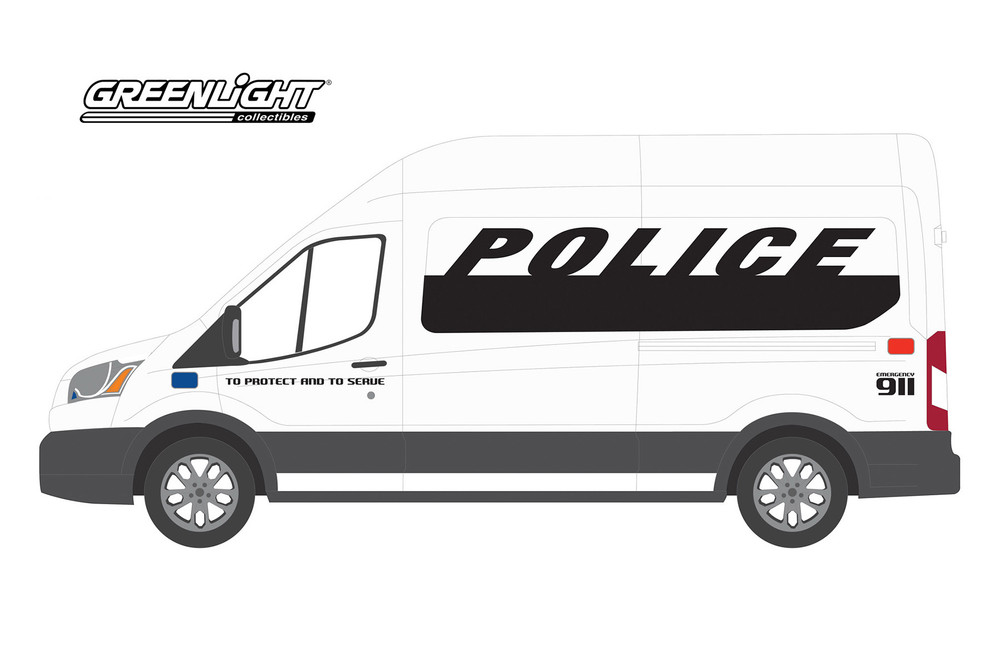 2019 Ford Transit Van Police, White and Black - Greenlight 53010D/48 - 1/64 scale Diecast Car