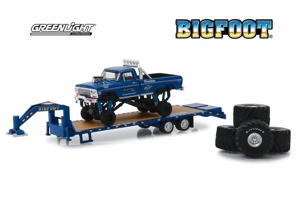 1974 Ford F-250 Pickup with Gooseneck Trailer and 66" Tires replacement set, Kings of Crunch- BIGFOOT The Original Monster Truck - Greenlight 30054/48 - 1/64 scale Diecast Model Toy Car