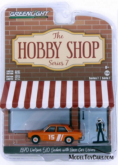 1970 Datsun 510 4-Door Sedan with Race Car Driver, Orange - Greenlight 97070D/48 - 1/64 Diecast Car